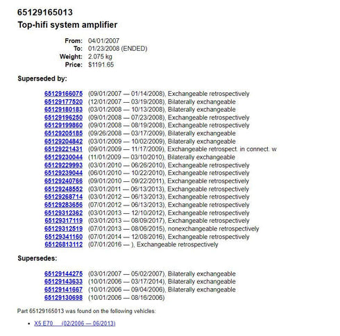 OEM 2006-2013 BMW X5 E70 RADIO STEREO HiFi LEAR PL4 AUDIO AMPLIFIER AMP 9165013